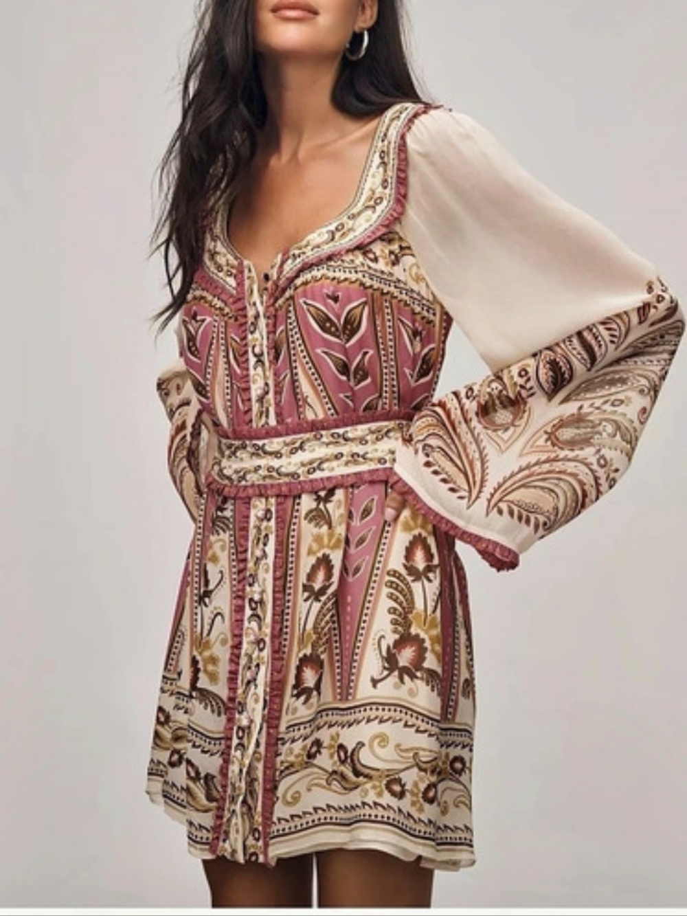 Farm Rio sand delicate ainika long sleeve belted mini dress